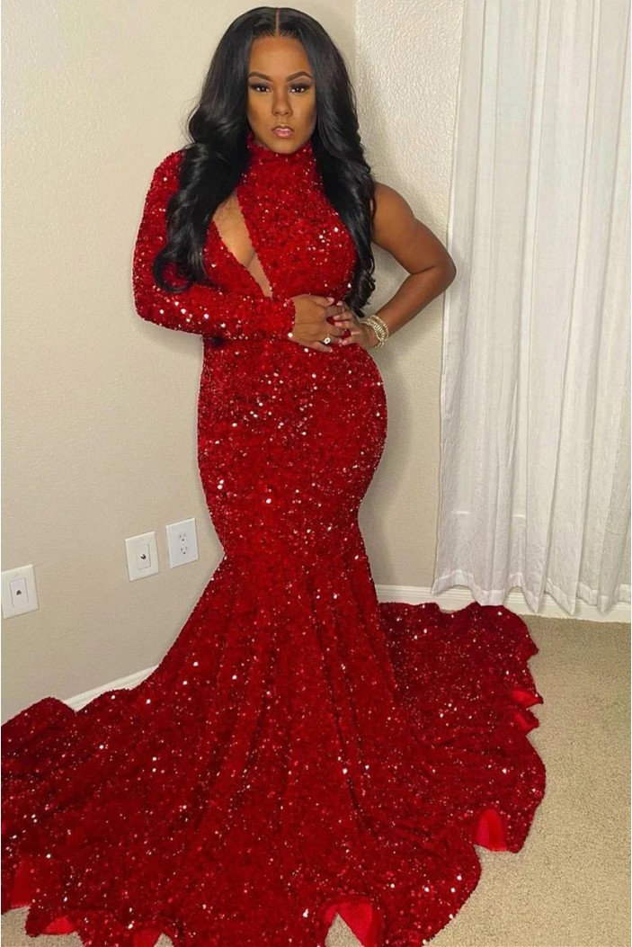 Mermaid Red Sequins Long Prom Dresses with One Sleeve 801198