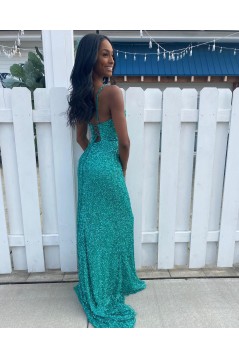 Elegant Spaghetti Straps V Neck Long Prom Dresses with Slit 801212