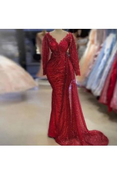 Mermaid Red Sequins Long Prom Dresses with Long Sleeves 801213