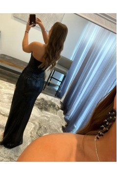 Long Black Strapless Sequins Prom Dresses with Slit 801217