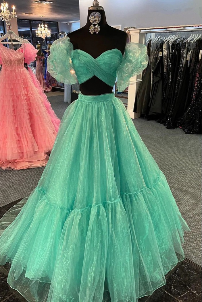 A-Line Two Pieces Green Long Prom Dresses 801219