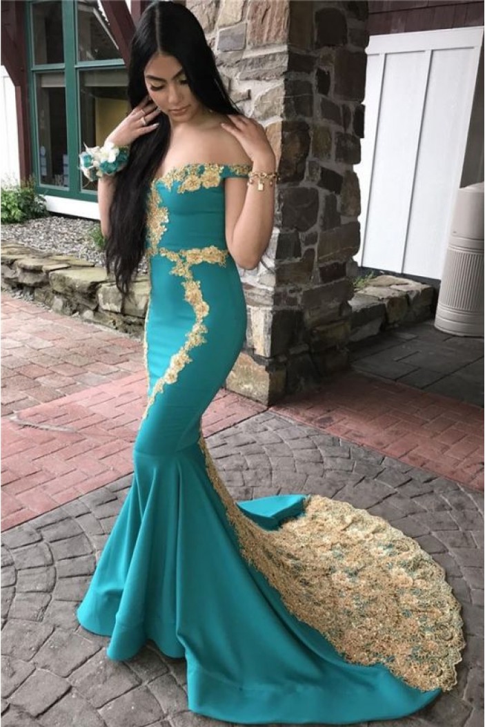 Mermaid Off the Shoulder Long Prom Dresses with Gold Lace Appliques 801221