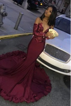 Mermaid Burgundy Lace Long Prom Dresses with Long Sleeves 801222