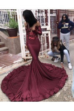 Mermaid Burgundy Lace Long Prom Dresses with Long Sleeves 801222