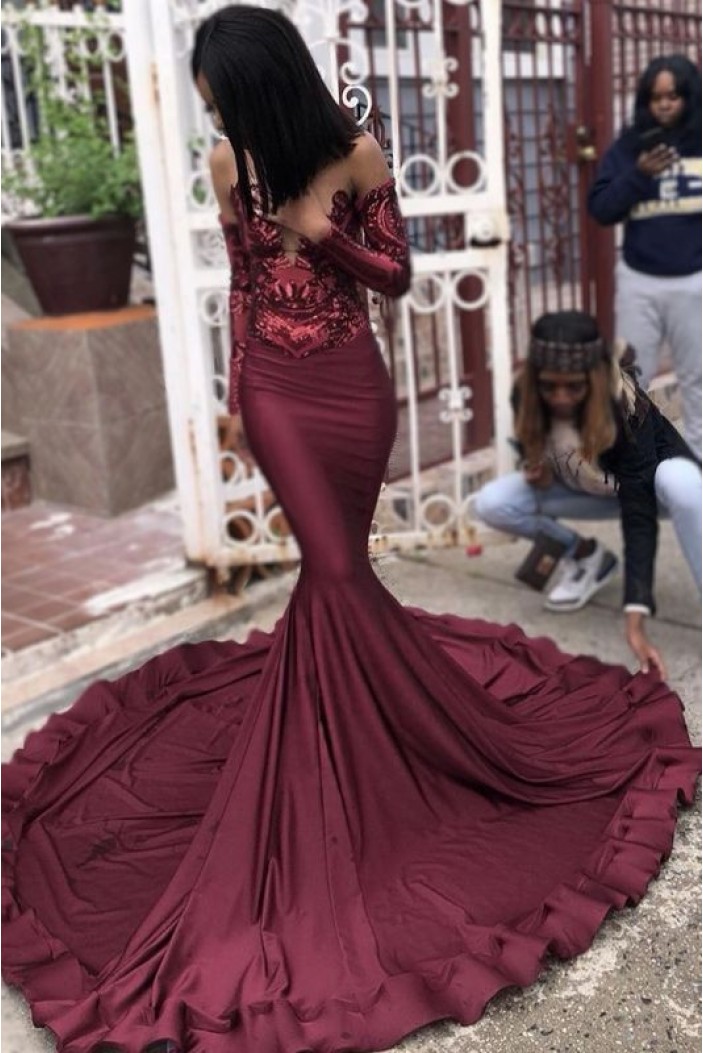 Mermaid Burgundy Lace Long Prom Dresses with Long Sleeves 801222