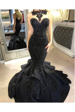 Mermaid Beaded Lace Black Long Prom Dresses 801225