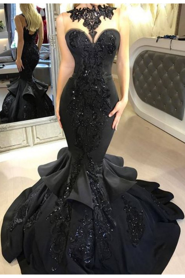 Mermaid Beaded Lace Black Long Prom Dresses 801225