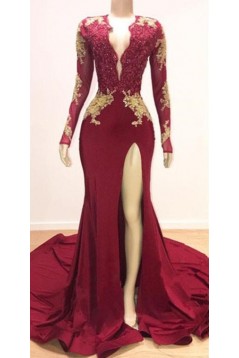 Mermaid Burgundy Lace Long Prom Dresses with Long Sleeves 801228