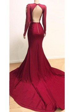 Mermaid Burgundy Lace Long Prom Dresses with Long Sleeves 801228