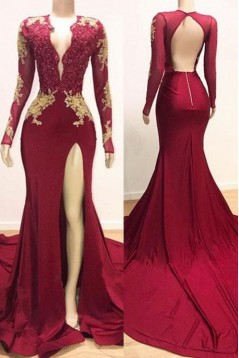 Mermaid Burgundy Lace Long Prom Dresses with Long Sleeves 801228