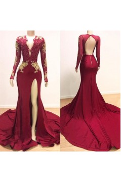 Mermaid Burgundy Lace Long Prom Dresses with Long Sleeves 801228