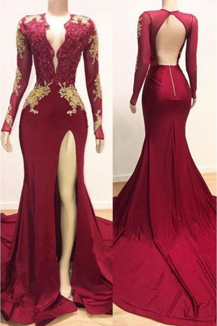 Mermaid Burgundy Lace Long Prom Dresses with Long Sleeves 801228