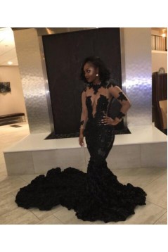 Mermaid Black Lace Long Prom Dresses with Long Sleeves 801230
