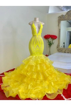 Long Yellow Mermaid V Neck Lace Prom Dresses 801239