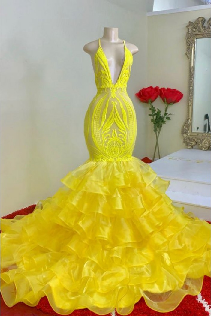 Long Yellow Mermaid V Neck Lace Prom Dresses 801239