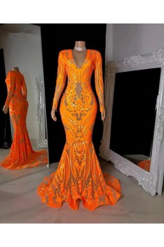 Mermaid Long Sleeves Orange Lace Long Prom Dresses 801240