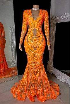 Mermaid Long Sleeves Orange Lace Long Prom Dresses 801240