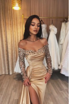 Beaded Off the Shoulder Long Sleeves Prom Dresses with Slit 801244