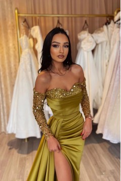 Beaded Sheath Off the Shoulder Long Sleeves Prom Dresses with Slit 801246