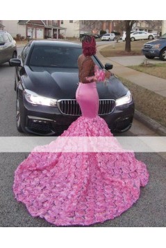 Mermaid Beaded Lace Pink Long Sleeves Long Prom Dresses 801247