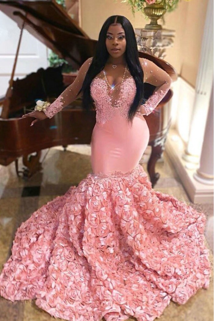 Mermaid Beaded Lace Pink Long Sleeves Long Prom Dresses 801248