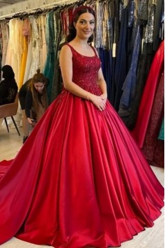 Ball Gown Red Lace and Satin Long Prom Dresses Evening Dresses 801249