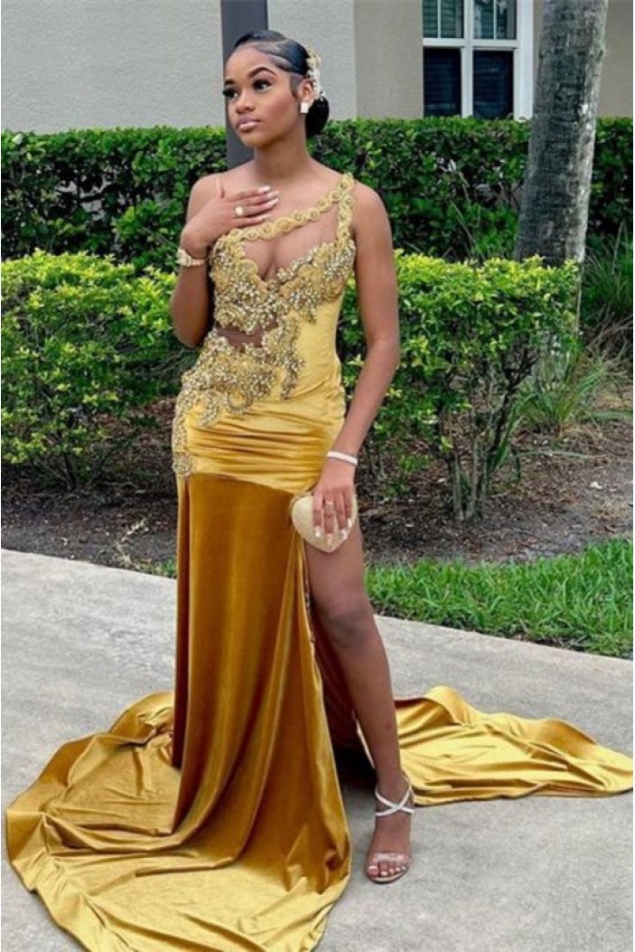 Gold One Shoulder Beaded Lace Long Prom Dresses 801250