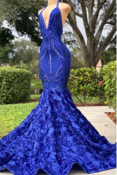 Mermaid Halter V Neck Lace Long Prom Dresses 801251