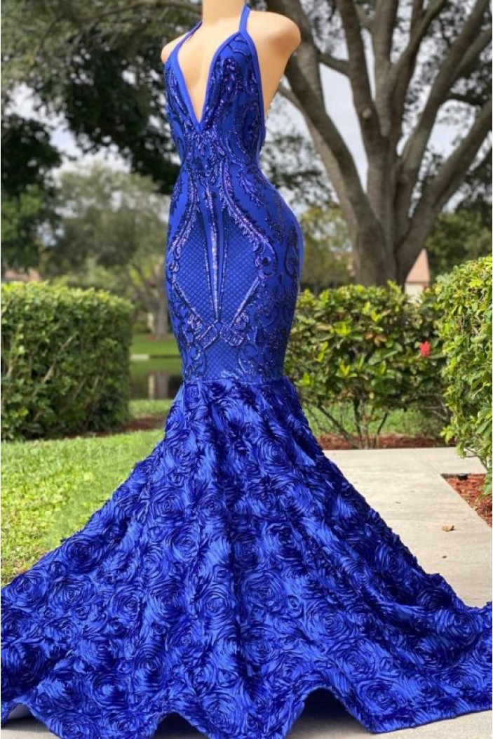 Mermaid Halter V Neck Lace Long Prom Dresses 801251