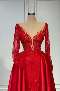 Long Red Beaded Lace and Satin Prom Dresses with Sleeves 801252