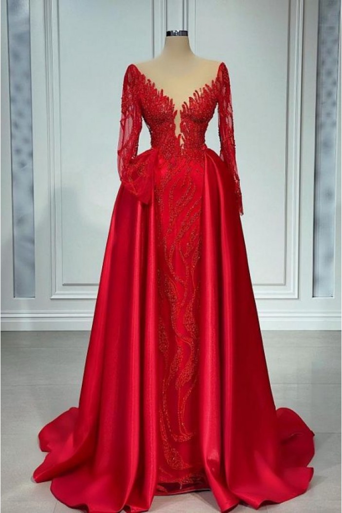 Long Red Beaded Lace and Satin Prom Dresses with Sleeves 801252