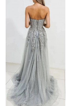 A-Line Lace and Tulle Sparkly Grey Long Prom Dresses 801256