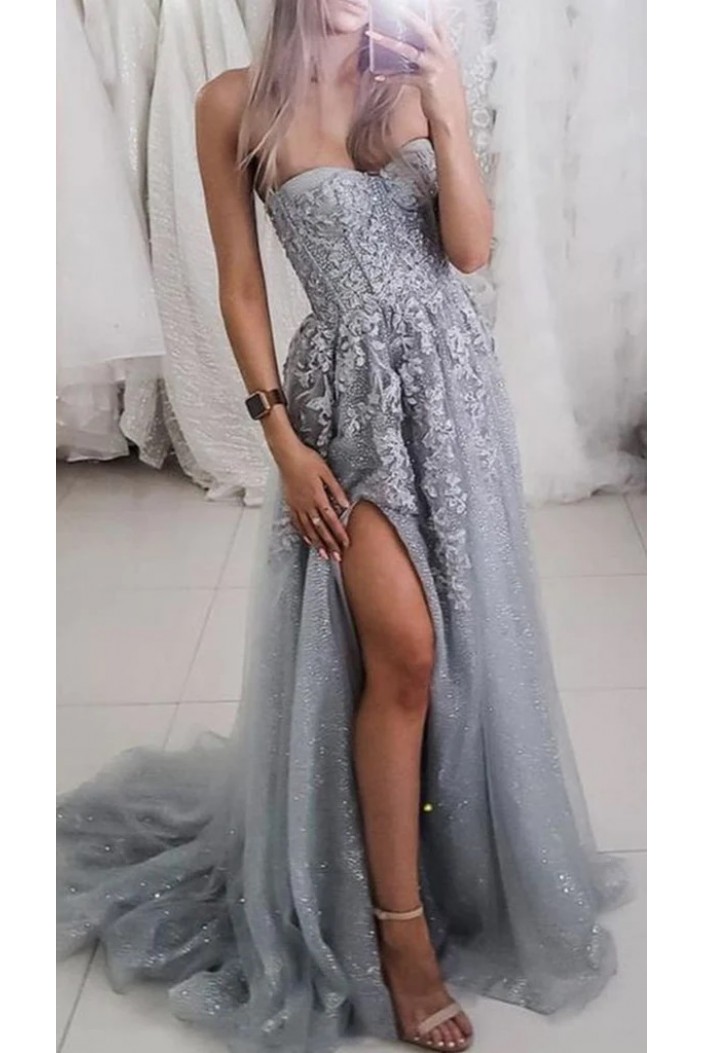 A-Line Lace and Tulle Sparkly Grey Long Prom Dresses 801256