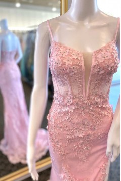 Long Pink Spaghetti Straps Beaded Lace Prom Dresses 801259