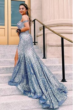 Mermaid Off the Shoulder Sparkle Sequin Long Prom Dresses 801265