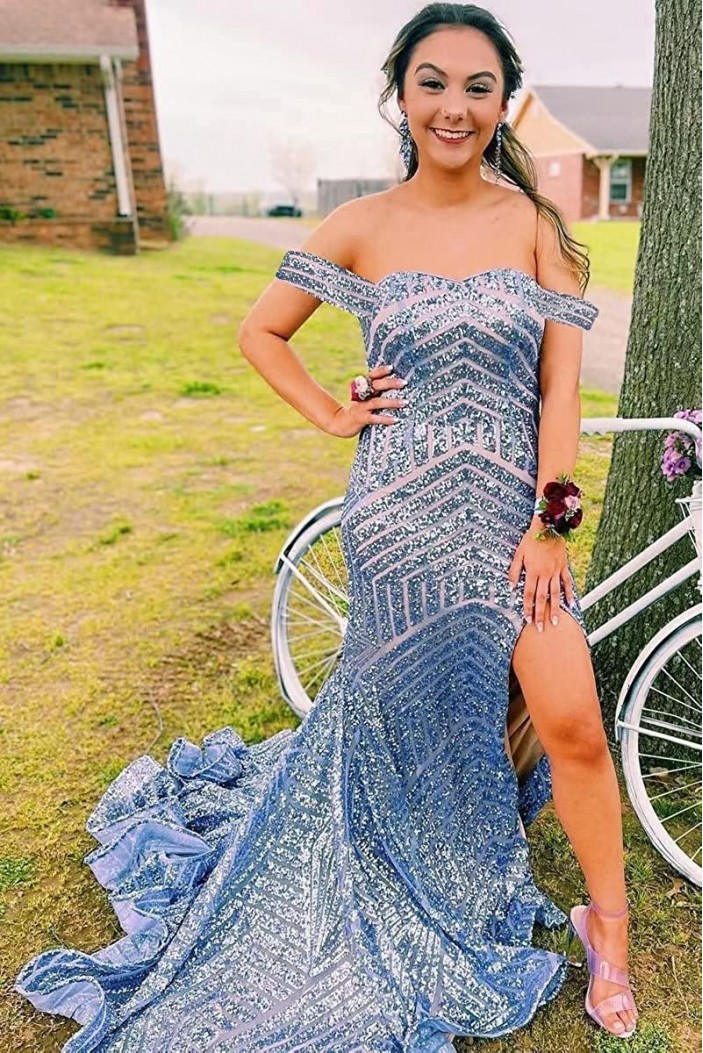 Mermaid Off the Shoulder Sparkle Sequin Long Prom Dresses 801265