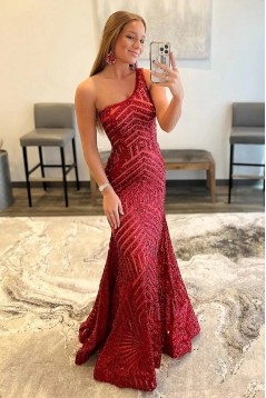 Mermaid One Shoulder Sparkle Sequin Long Prom Dresses 801266