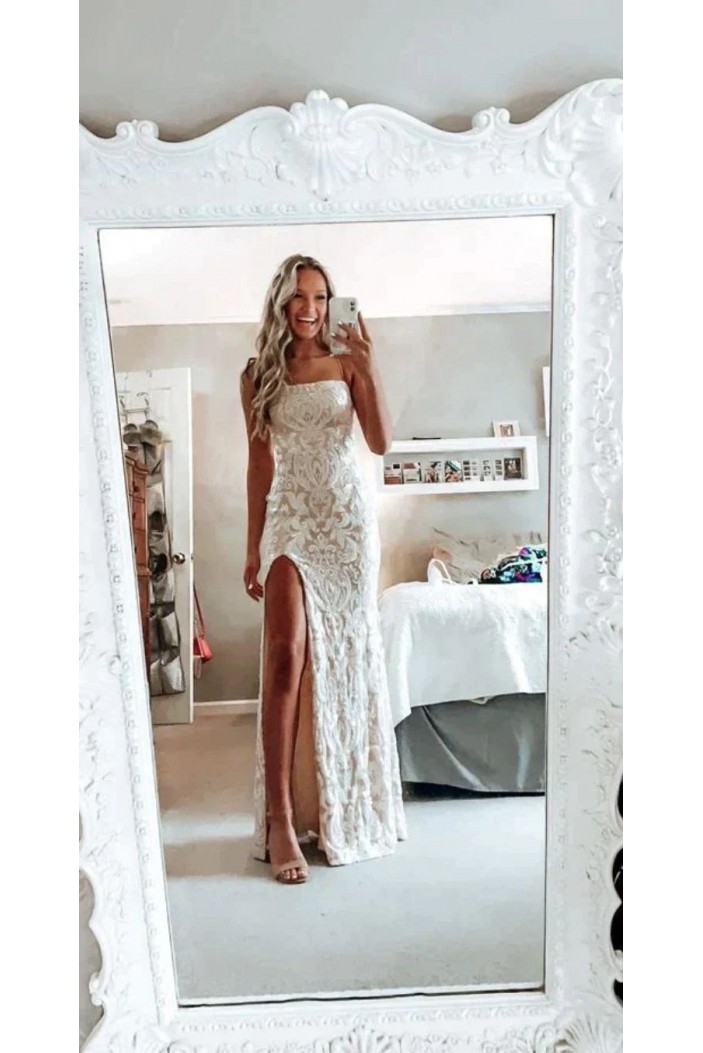 Elegant Lace Spaghetti Straps Prom Dresses 801268