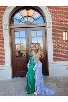 Long Blue Spaghetti Straps Sequin Prom Dresses 801271