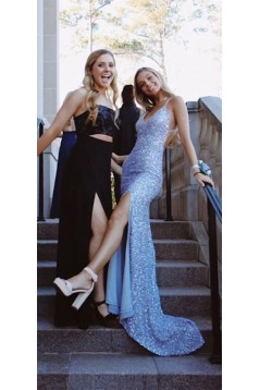 Long Blue Spaghetti Straps Sequin Prom Dresses 801271