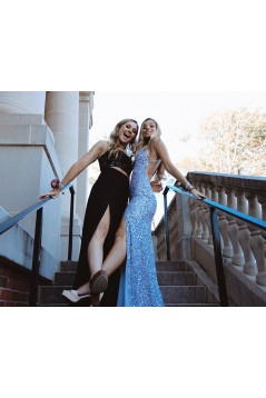 Long Blue Spaghetti Straps Sequin Prom Dresses 801271