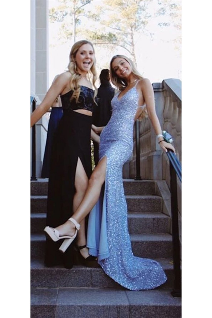 Long Blue Spaghetti Straps Sequin Prom Dresses 801271