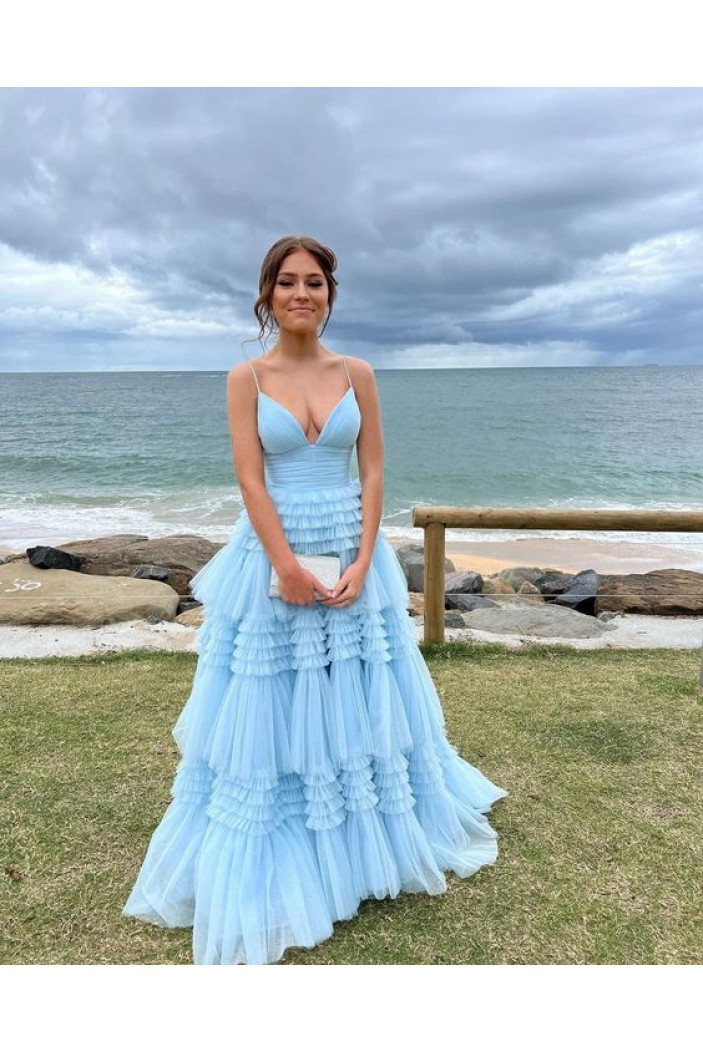 A-Line Spaghetti Straps Long Light Blue Tulle Tiered Prom Dresses 801273