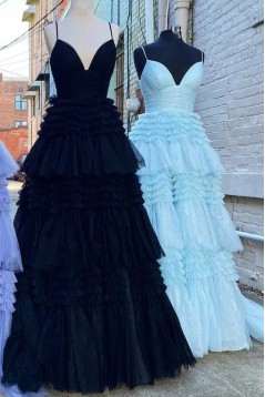 A-Line Spaghetti Straps Long Light Blue Tulle Tiered Prom Dresses 801273