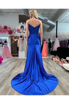 Strapless Royal Blue Lace Appliques Long Prom Dresses with High Slit 801274