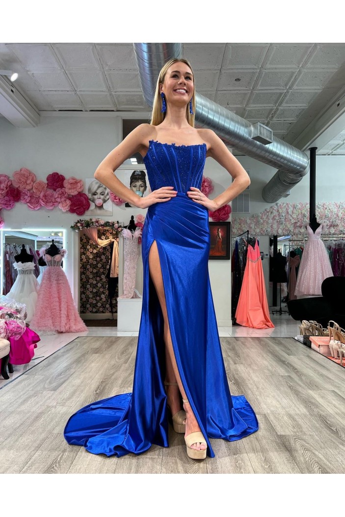 Strapless Royal Blue Lace Appliques Long Prom Dresses with High Slit 801274