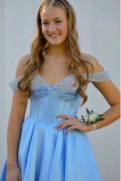 A-Line Beaded Satin Long Blue Prom Dresses 801276