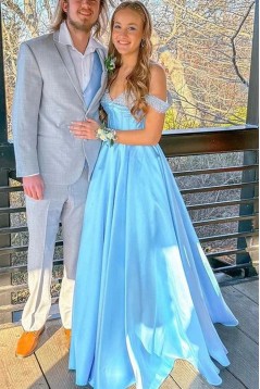 A-Line Beaded Satin Long Blue Prom Dresses 801276