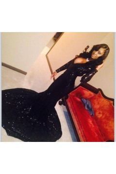 Mermaid Long Sleeves Black Sequin Long Prom Dresses 801278