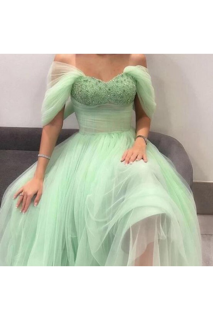 A-Line Mint Green Beaded Tulle Long Prom Dresses 801280